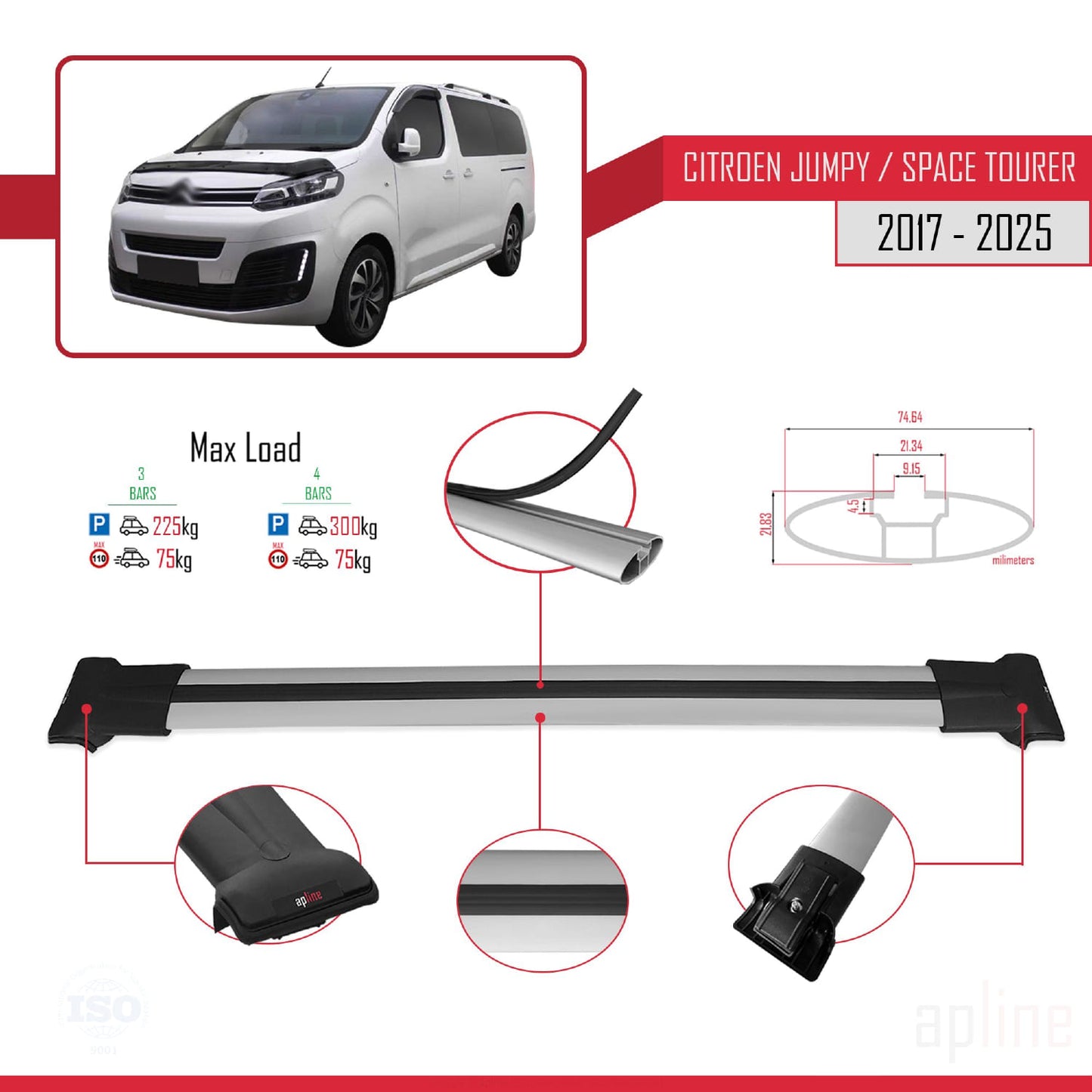 Compatible with Citroen Jumpy 3 (K0) Space Tourer 2017-2025 FLY Model Car Roof Rack Cross Bar Grey Aluminium 3 Bars