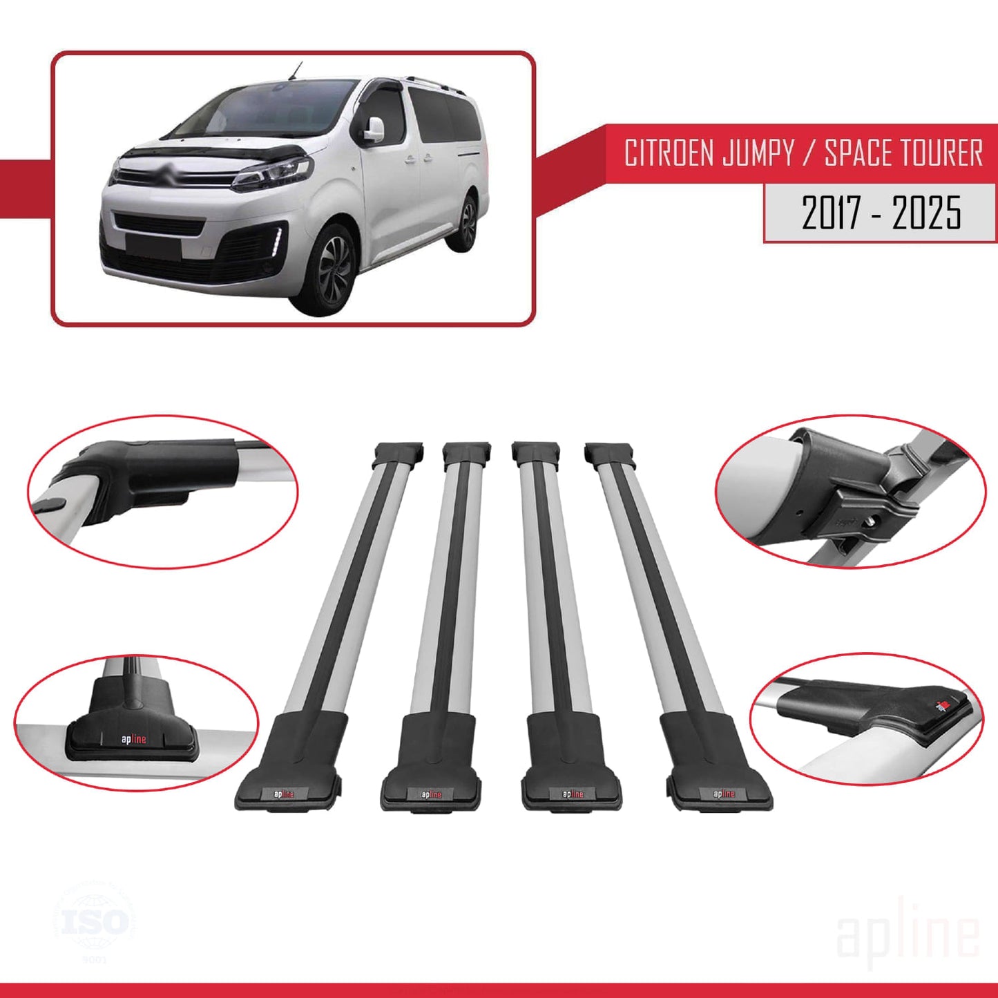 Compatible with Citroen Jumpy 3 (K0) Space Tourer 2017-2025 FLY Model Car Roof Rack Cross Bar Grey Aluminium 4 Bars