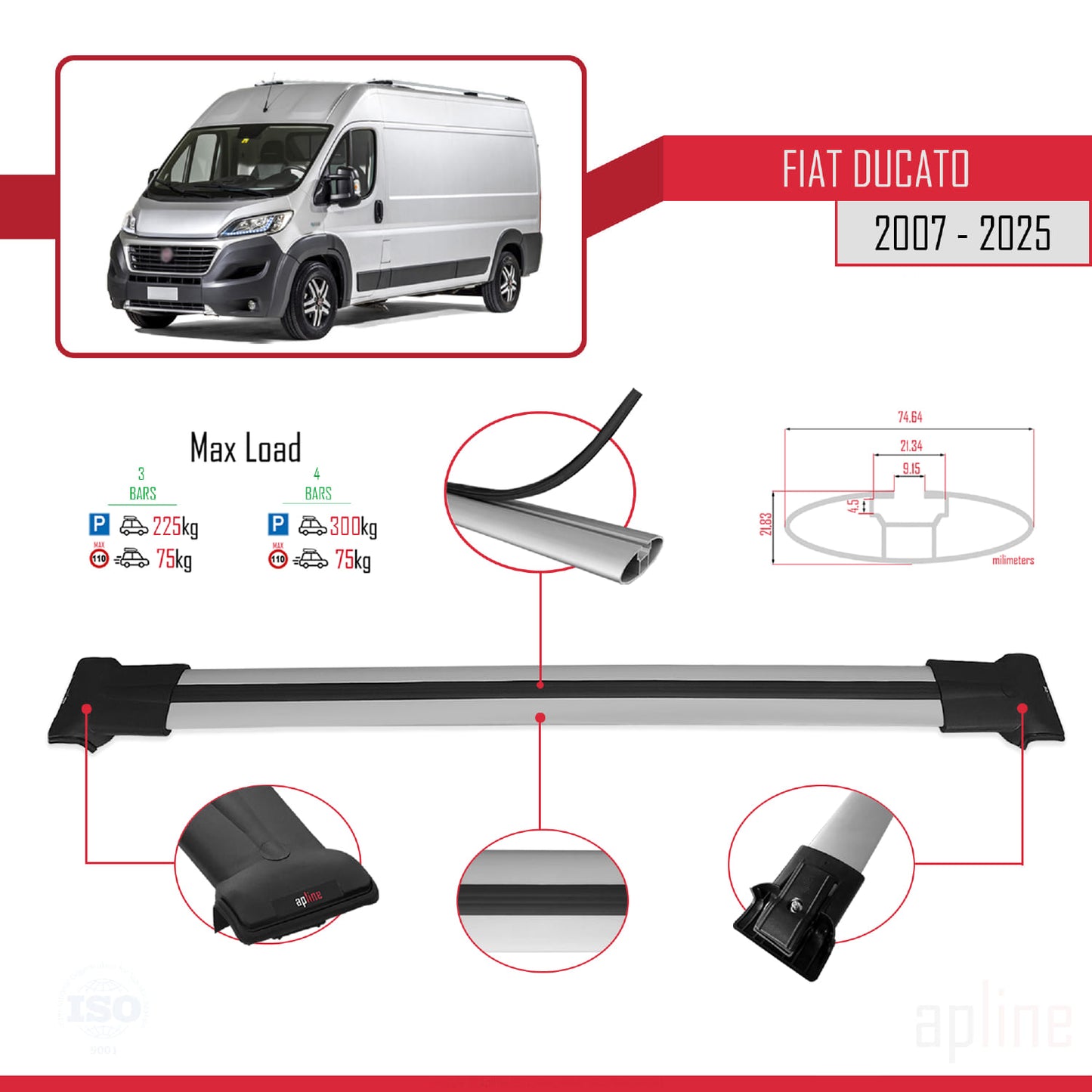 Compatible with Fiat Ducato 3 2007-2025 FLY Model Car Roof Rack Cross Bar Grey Aluminium 3 Bars