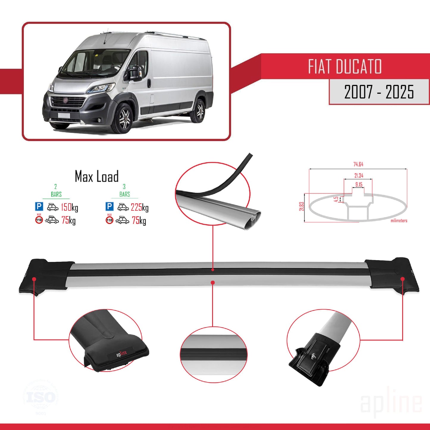 Compatible with Fiat Ducato 3 2007-2025 FLY Model Car Roof Rack Cross Bar Grey Aluminium 2 Bars