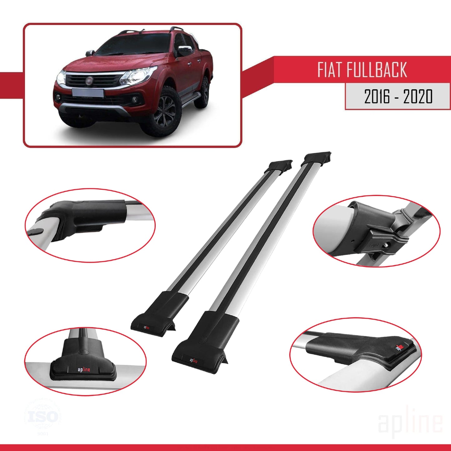 Compatible with Fiat Fullback 2016-2020 FLY Model Car Roof Rack Cross Bar Grey Aluminium 2 Bars