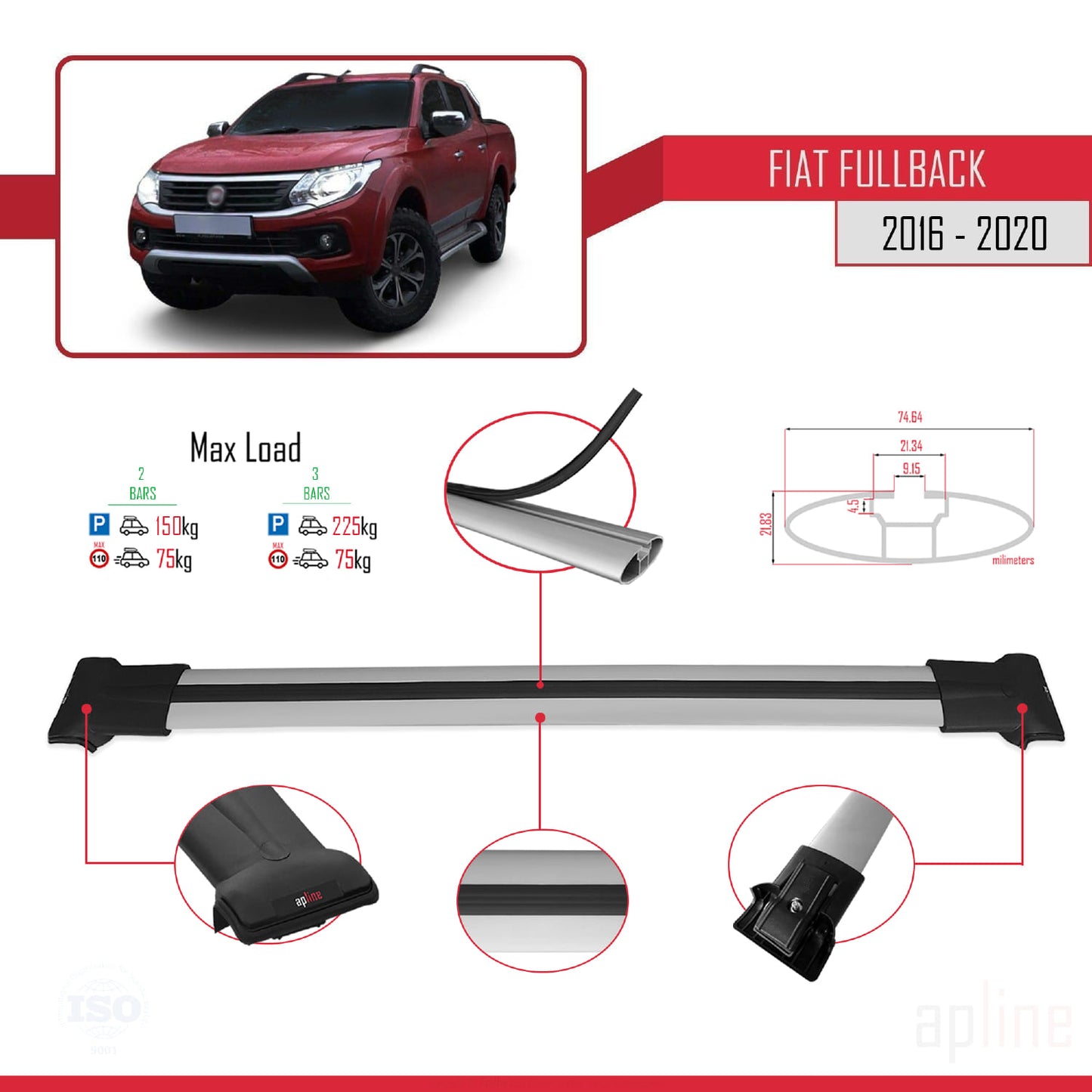 Compatible with Fiat Fullback 2016-2020 FLY Model Car Roof Rack Cross Bar Grey Aluminium 2 Bars