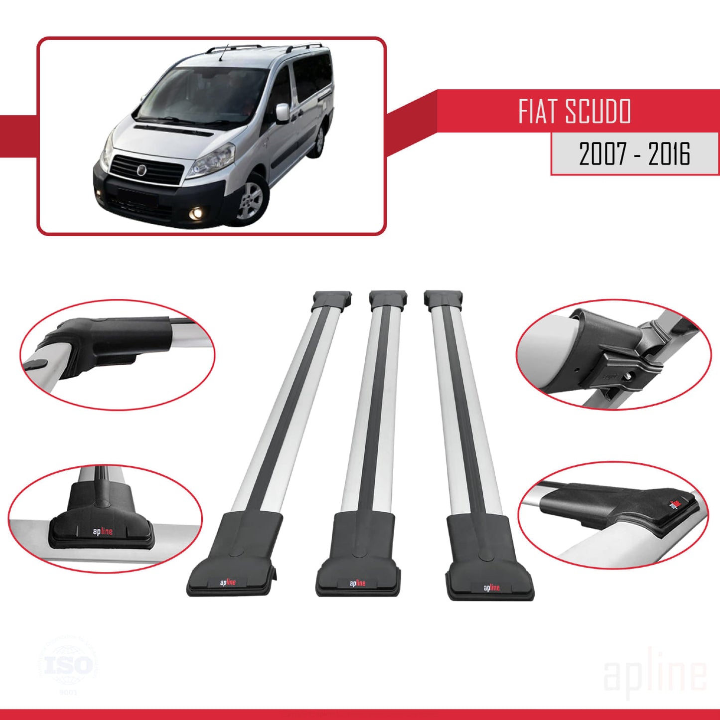 Compatible with Fiat Scudo 2 2007-2016 FLY Model Car Roof Rack Cross Bar Grey Aluminium 3 Bars