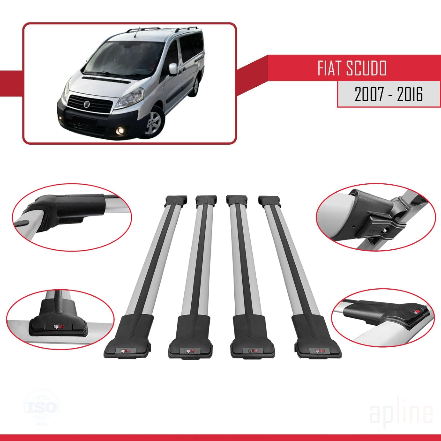 Compatible with Fiat Scudo 2 2007-2016 FLY Model Car Roof Rack Cross Bar Grey Aluminium 4 Bars