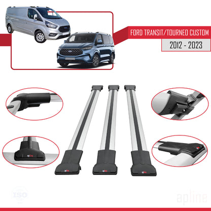Compatible with Ford Transit/Tourneo Custom 2012-2023 FLY Model Car Roof Rack Cross Bar Grey Aluminium 3 Bars