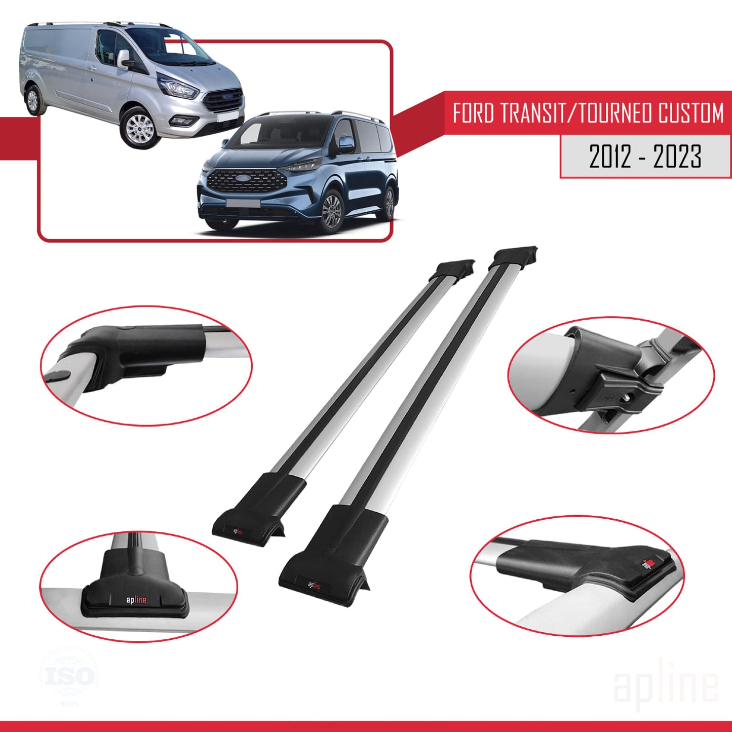 Compatible with Ford Transit/Tourneo Custom 2012-2023 FLY Model Car Roof Rack Cross Bar Grey Aluminium 2 Bars