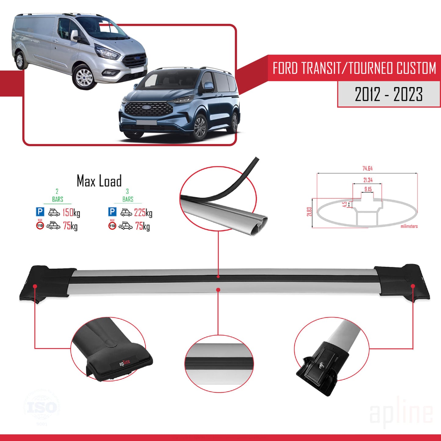 Compatible with Ford Transit/Tourneo Custom 2012-2023 FLY Model Car Roof Rack Cross Bar Grey Aluminium 2 Bars