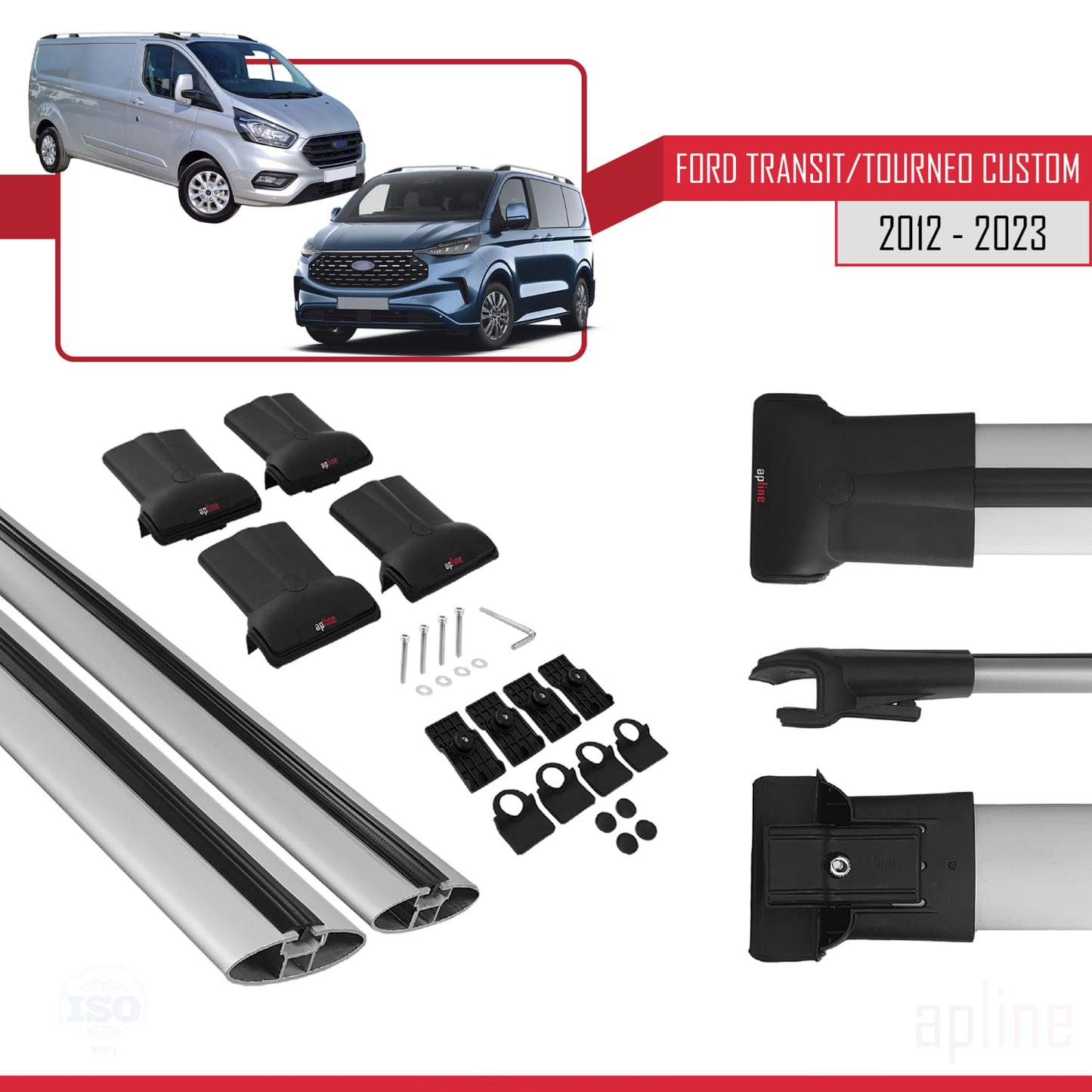 Compatible with Ford Transit/Tourneo Custom 2012-2023 FLY Model Car Roof Rack Cross Bar Grey Aluminium 2 Bars