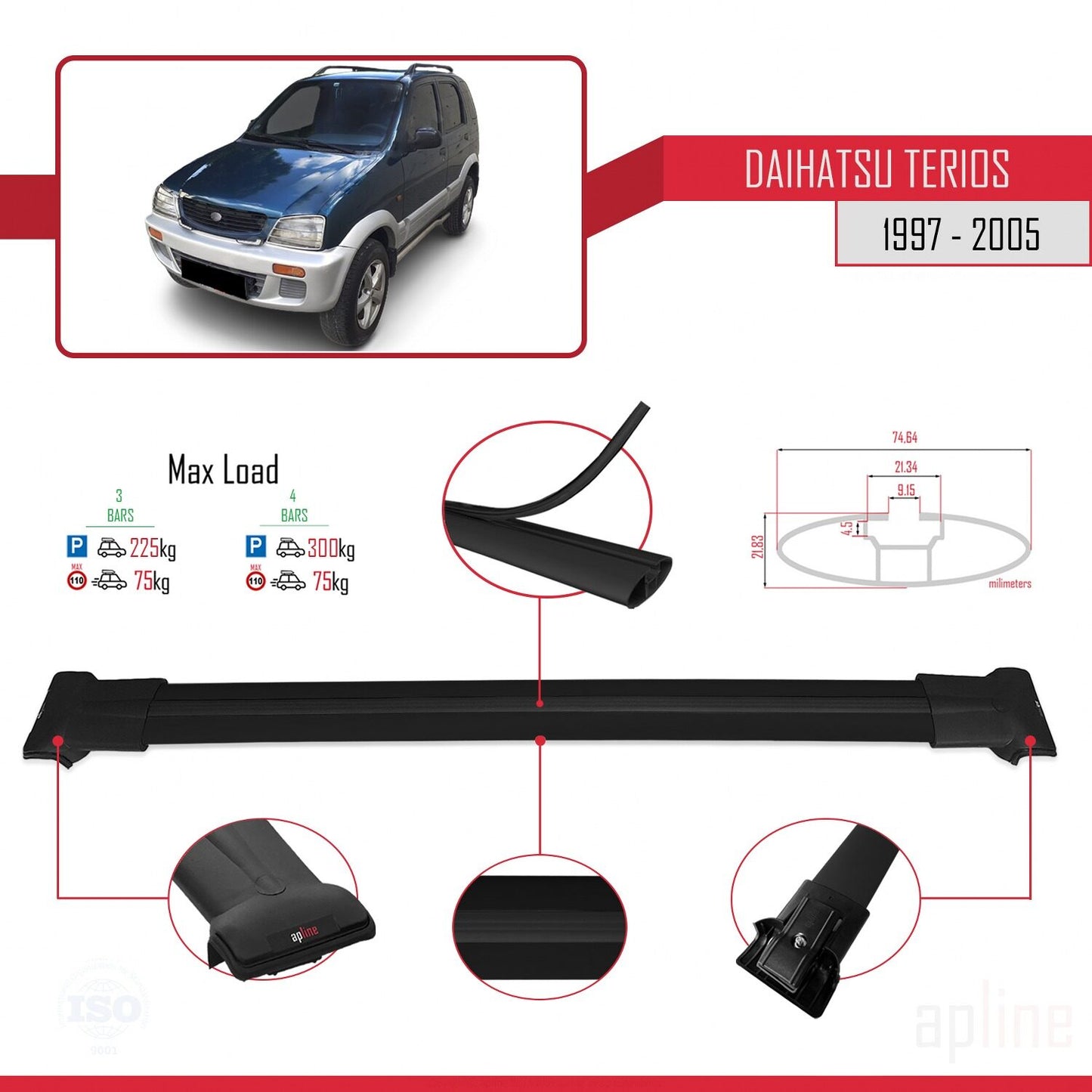 Compatible with Daihatsu Terios (J100) 1997-2005 FLY Model Car Roof Rack Cross Bar Black Aluminium 3 Bars