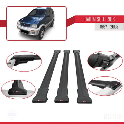 Compatible with Daihatsu Terios (J100) 1997-2005 FLY Model Car Roof Rack Cross Bar Black Aluminium 3 Bars