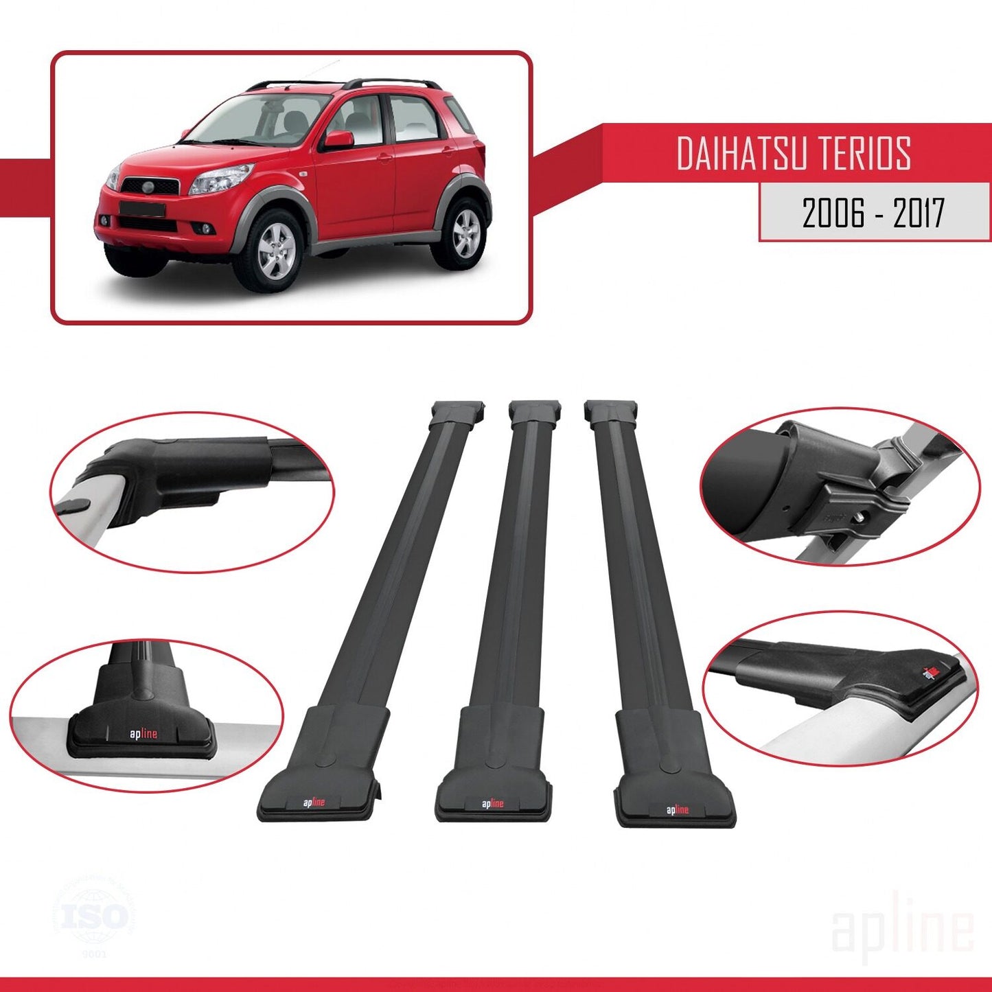 Compatible with Daihatsu Terios 2 (J200) 2006-2017 FLY Model Car Roof Rack Cross Bar Black Aluminium 3 Bars