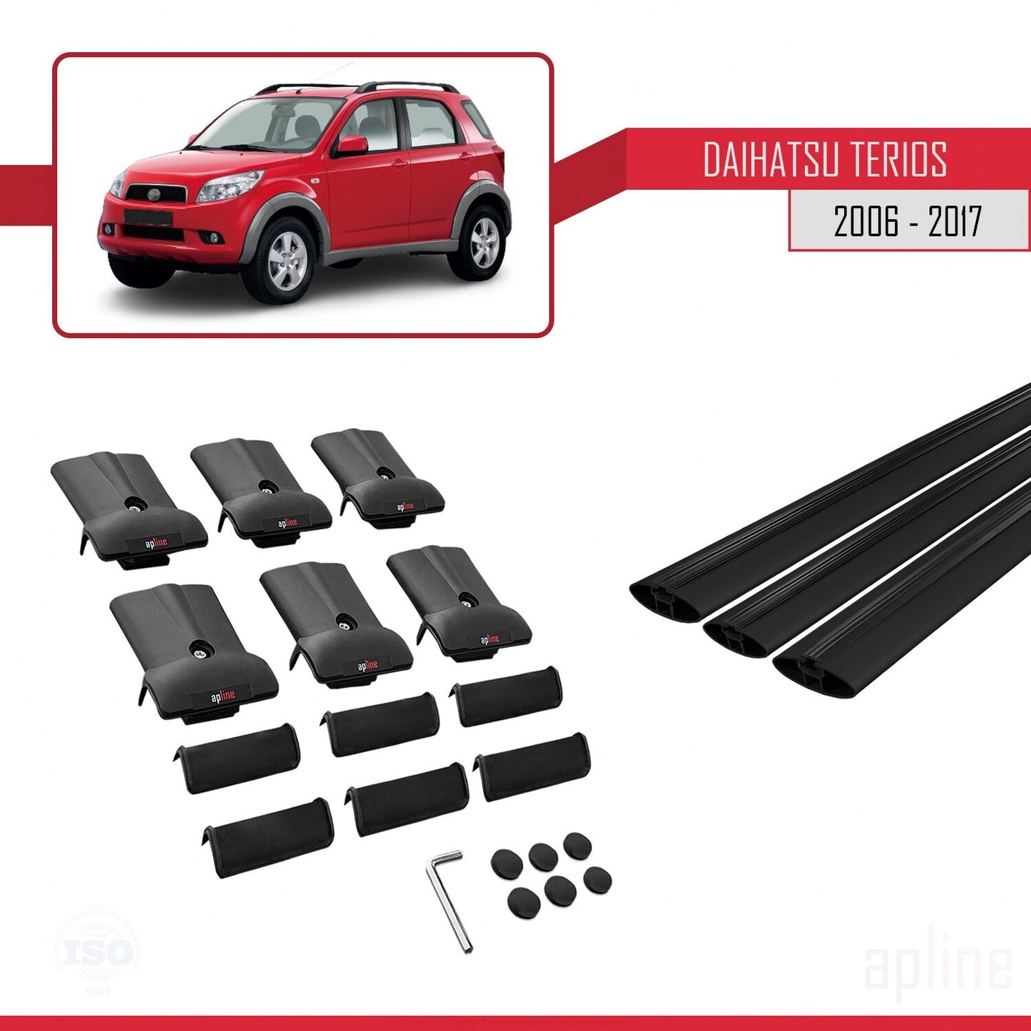 Compatible with Daihatsu Terios 2 (J200) 2006-2017 FLY Model Car Roof Rack Cross Bar Black Aluminium 3 Bars
