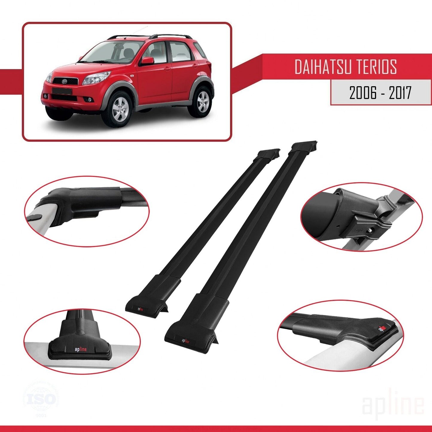 Compatible with Daihatsu Terios 2 (J200) 2006-2017 FLY Model Car Roof Rack Cross Bar Black Aluminium 2 Bars