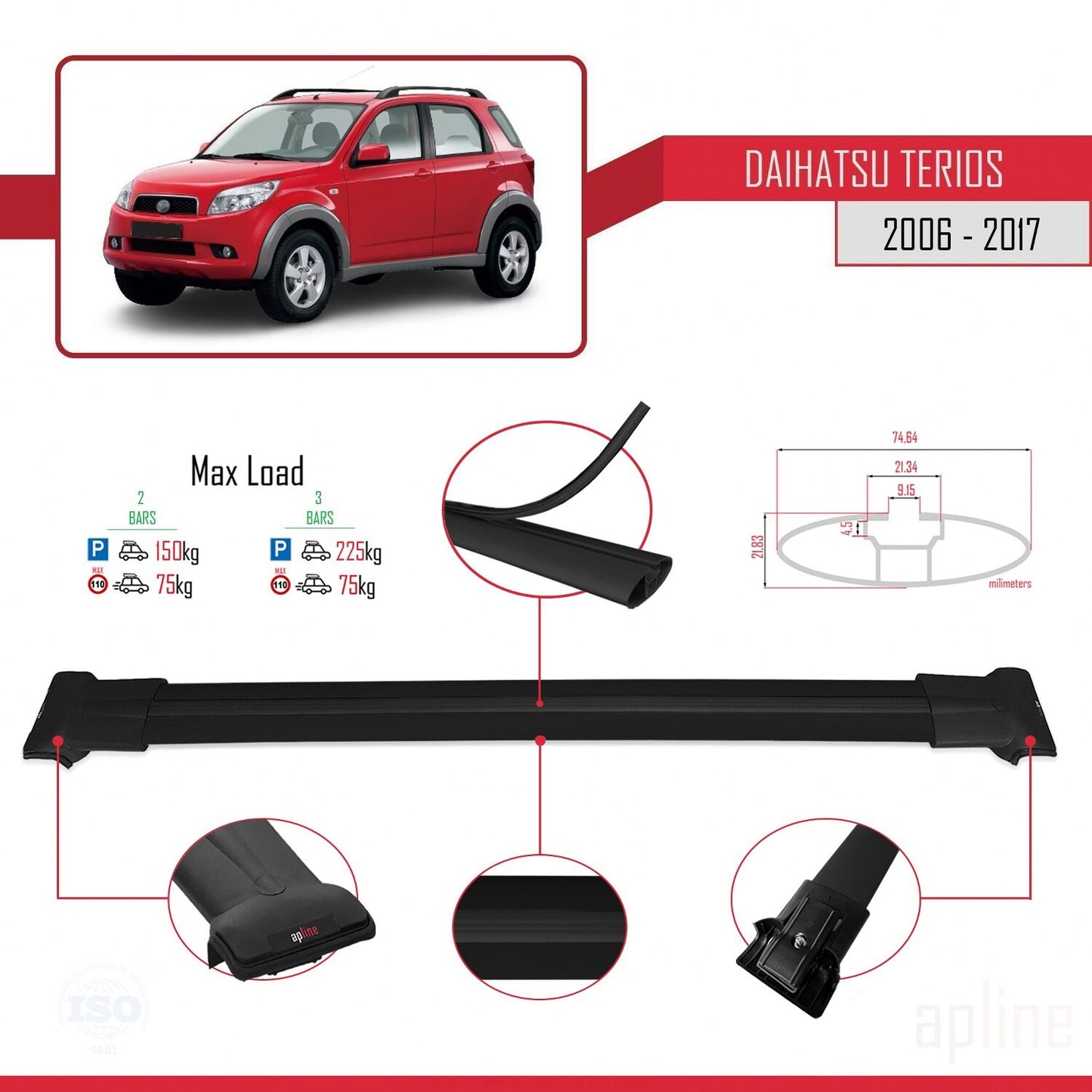 Compatible with Daihatsu Terios 2 (J200) 2006-2017 FLY Model Car Roof Rack Cross Bar Black Aluminium 2 Bars