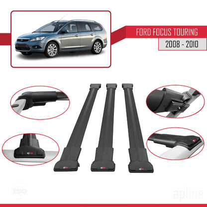 Compatible with Ford Focus 2 (C307) Turnier 2008-2010 FLY Model Car Roof Rack Cross Bar Black Aluminium 3 Bars