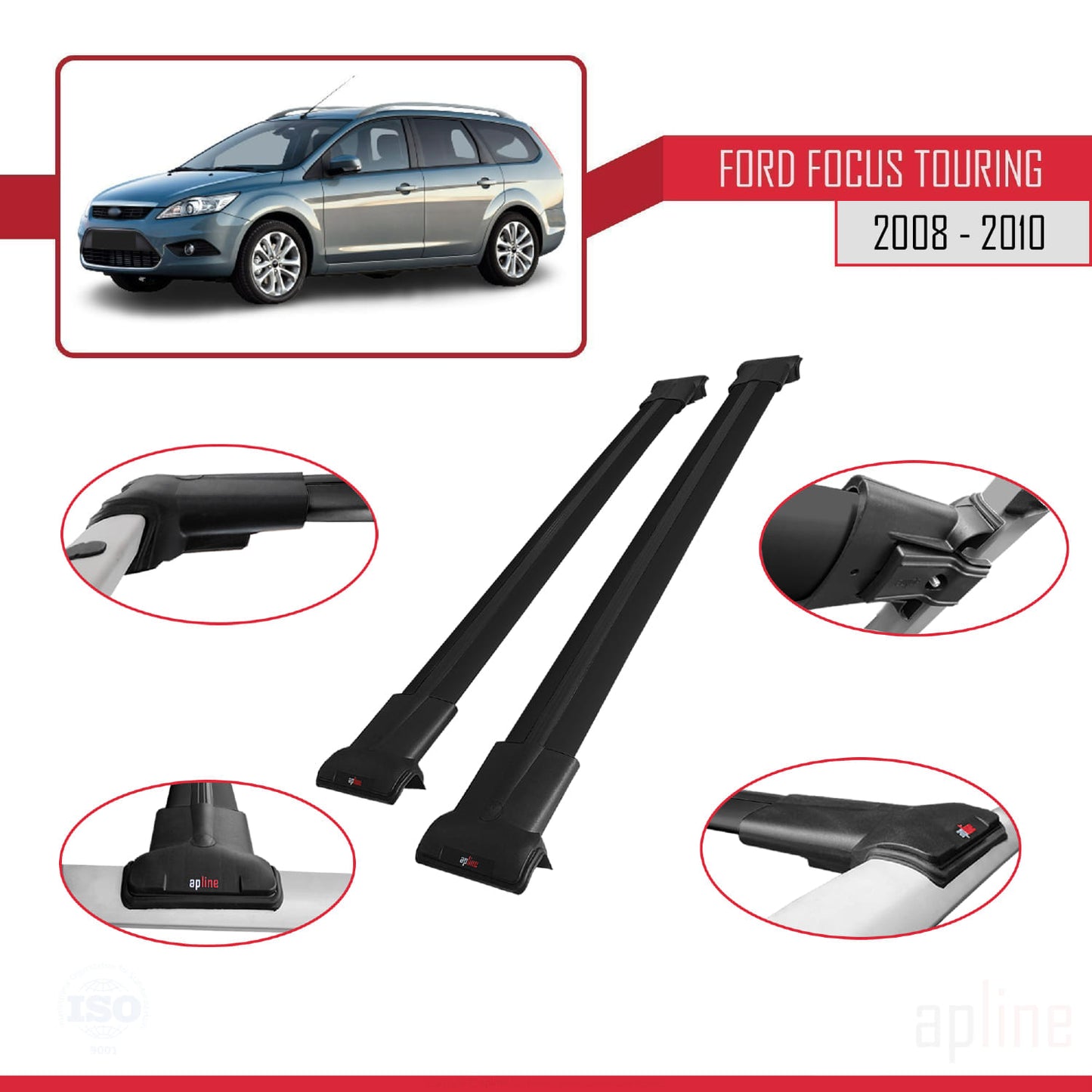 Compatible with Ford Focus 2 (C307) Turnier 2008-2010 FLY Model Car Roof Rack Cross Bar Black Aluminium 2 Bars