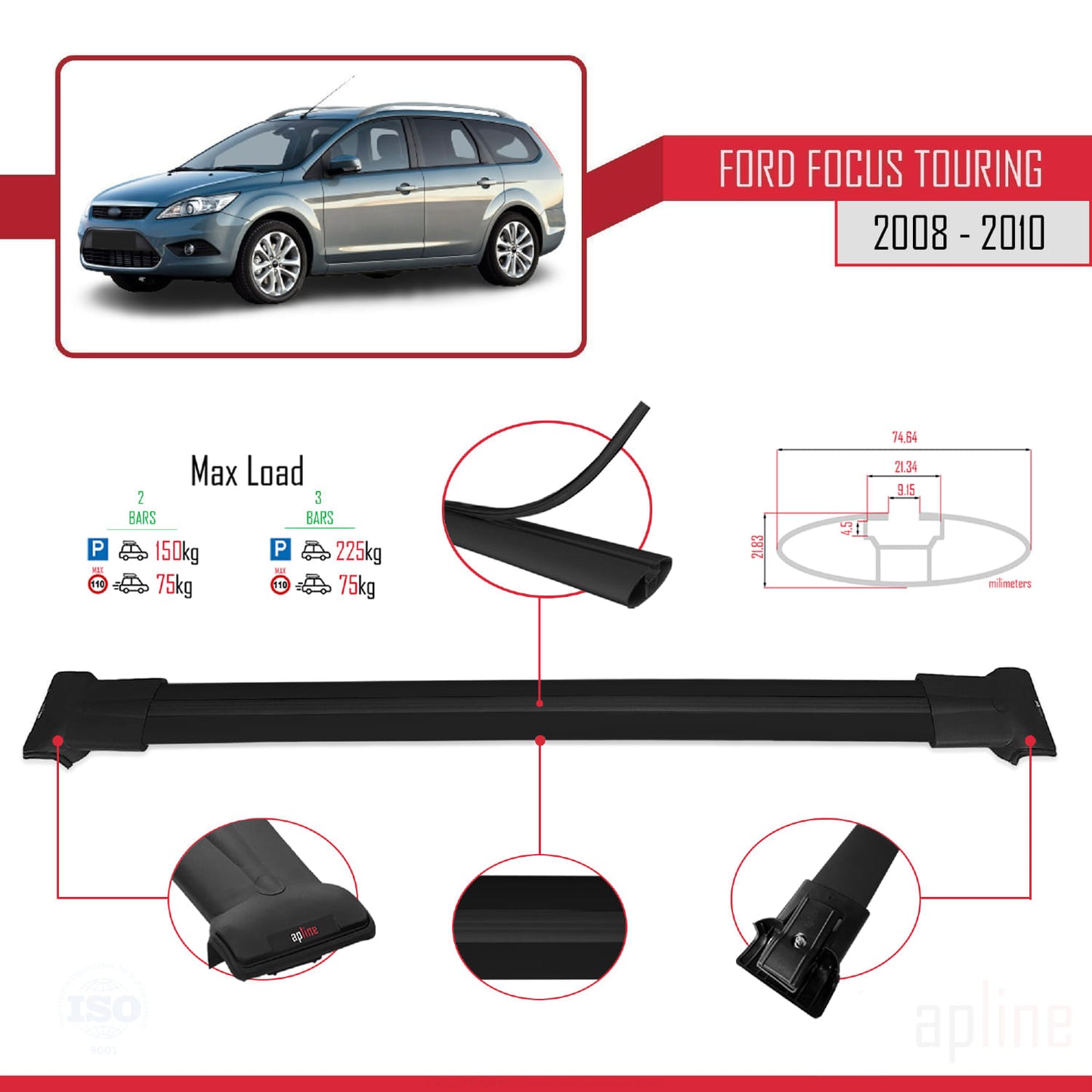 Compatible with Ford Focus 2 (C307) Turnier 2008-2010 FLY Model Car Roof Rack Cross Bar Black Aluminium 2 Bars