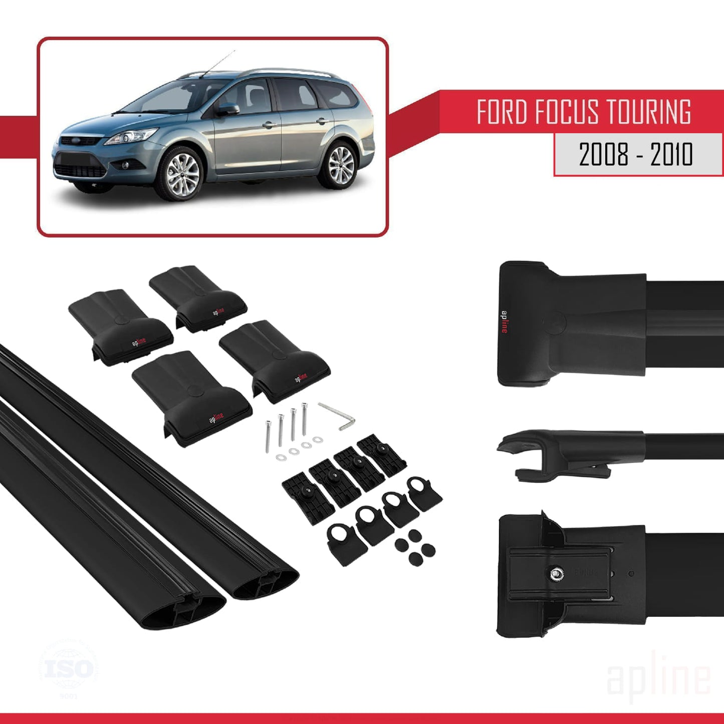 Compatible with Ford Focus 2 (C307) Turnier 2008-2010 FLY Model Car Roof Rack Cross Bar Black Aluminium 2 Bars