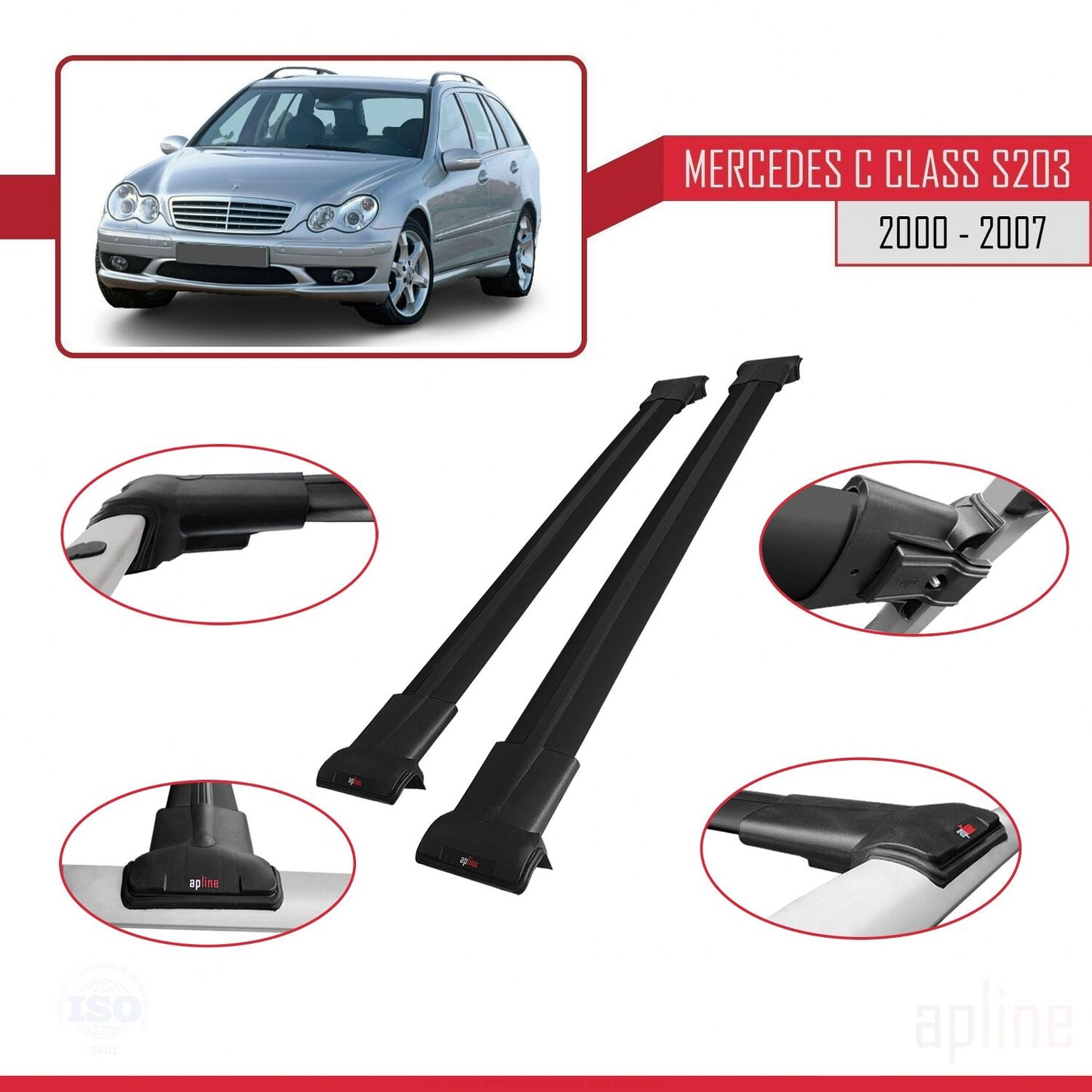 Compatible with Mercedes C Class 2 (S203) 2000-2007 FLY Model Car Roof Rack Cross Bar Black Aluminium 2 Bars