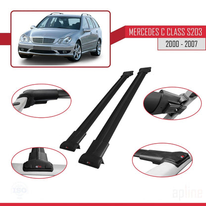 Compatible with Mercedes C Class 2 (S203) 2000-2007 FLY Model Car Roof Rack Cross Bar Black Aluminium 2 Bars