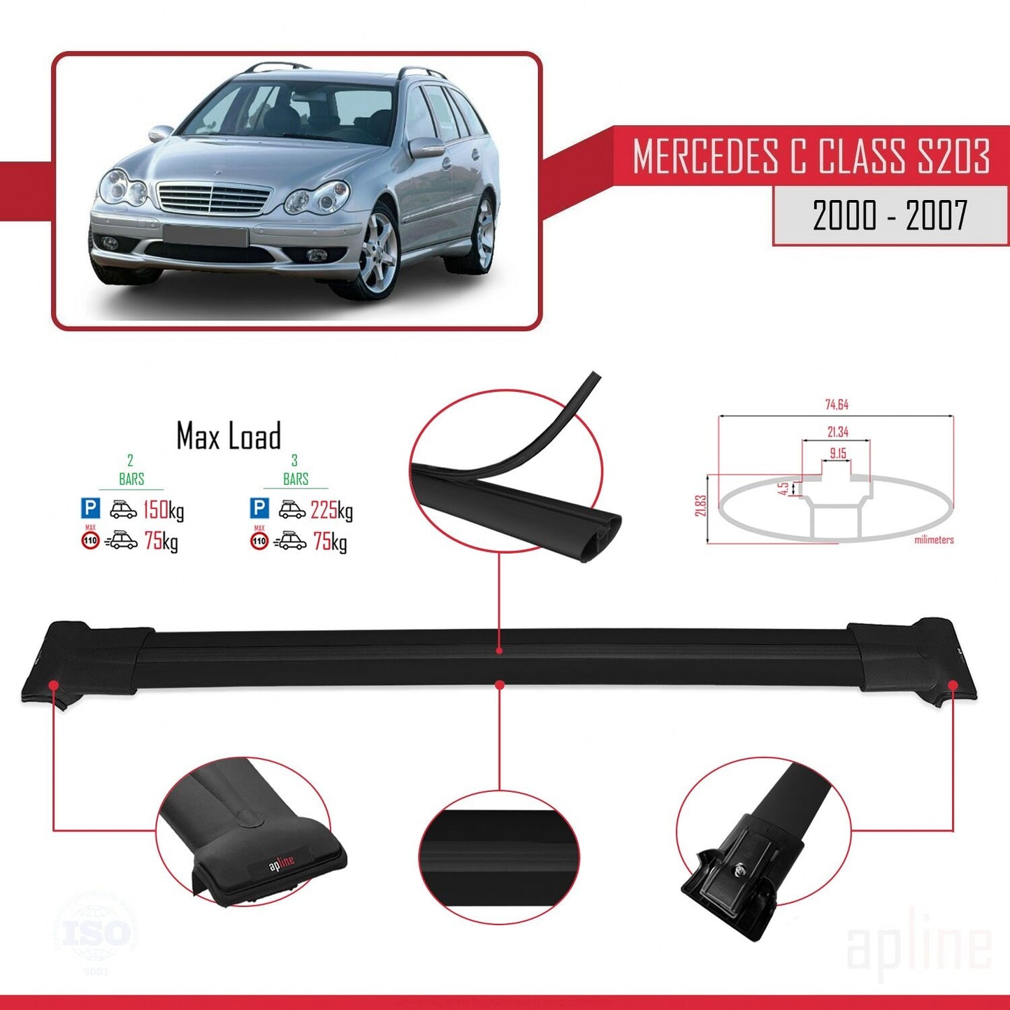 Compatible with Mercedes C Class 2 (S203) 2000-2007 FLY Model Car Roof Rack Cross Bar Black Aluminium 2 Bars