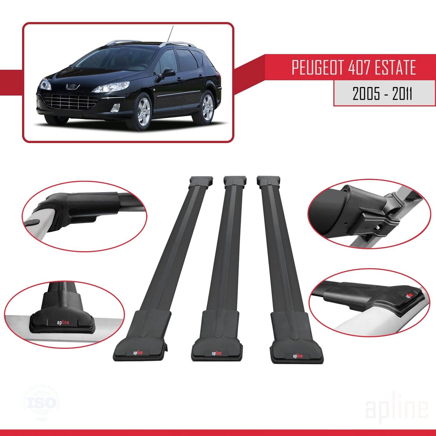 Compatible with Peugeot 407 SW 2005-2011 FLY Model Car Roof Rack Cross Bar Black Aluminium 3 Bars