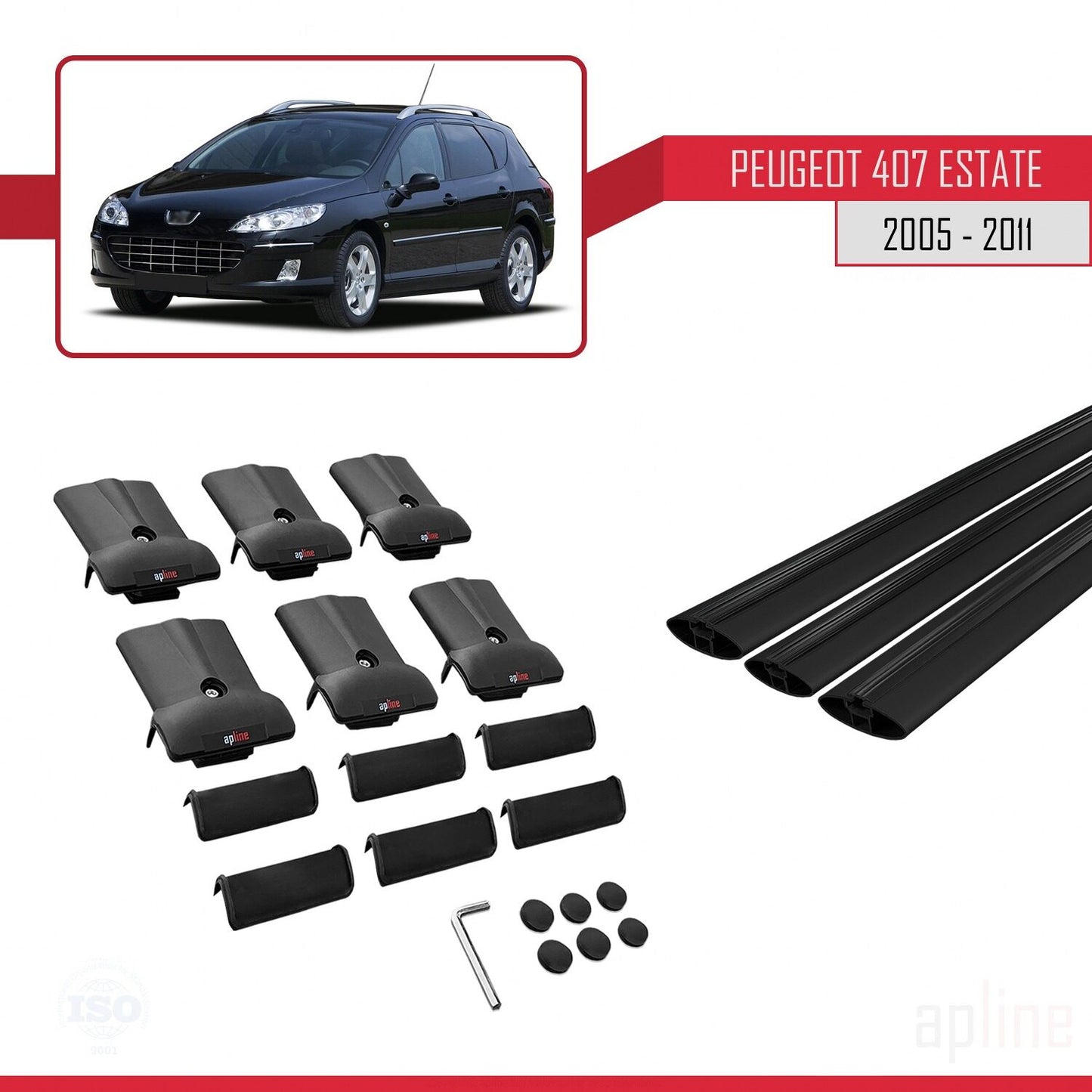Compatible with Peugeot 407 SW 2005-2011 FLY Model Car Roof Rack Cross Bar Black Aluminium 3 Bars