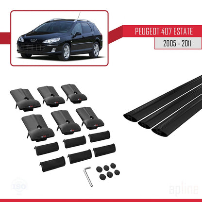 Compatible with Peugeot 407 SW 2005-2011 FLY Model Car Roof Rack Cross Bar Black Aluminium 3 Bars