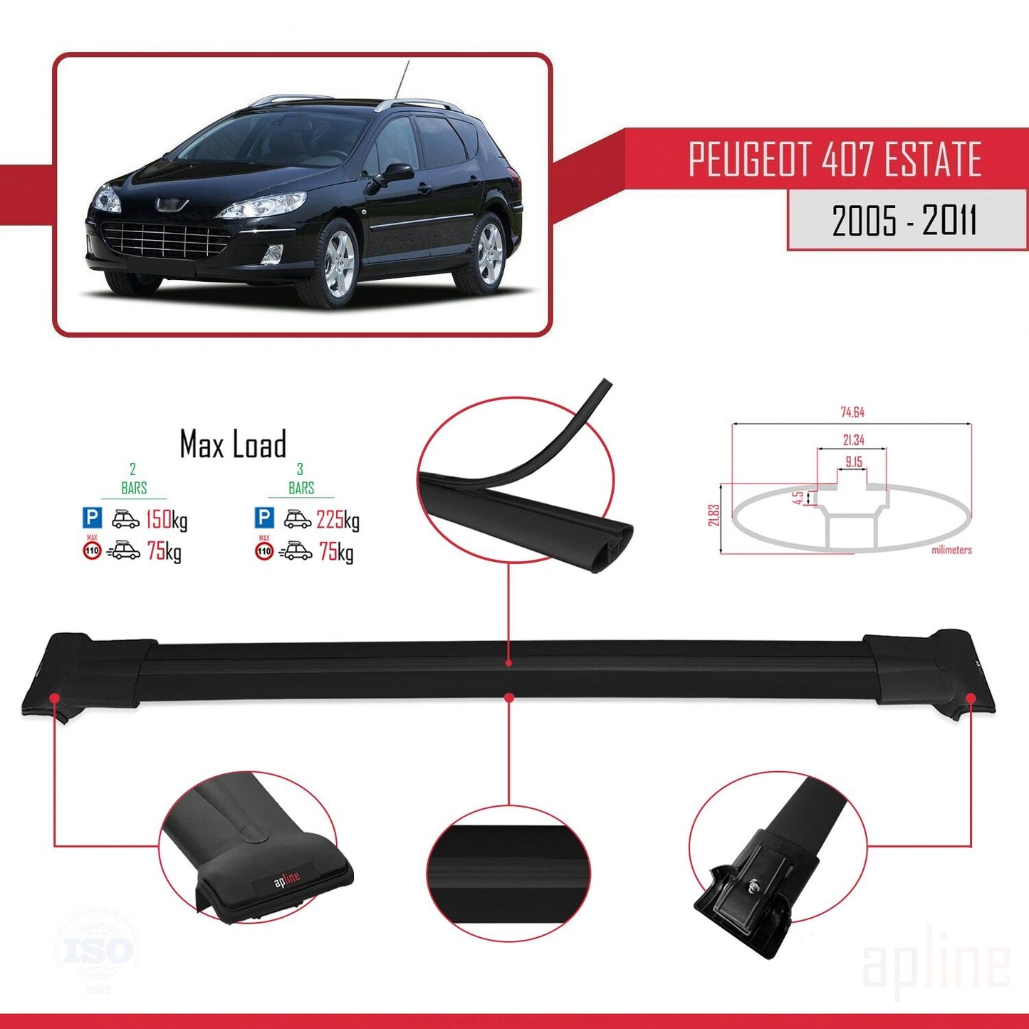 Compatible with Peugeot 407 SW 2005-2011 FLY Model Car Roof Rack Cross Bar Black Aluminium 2 Bars