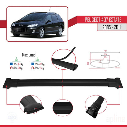 Compatible with Peugeot 407 SW 2005-2011 FLY Model Car Roof Rack Cross Bar Black Aluminium 2 Bars