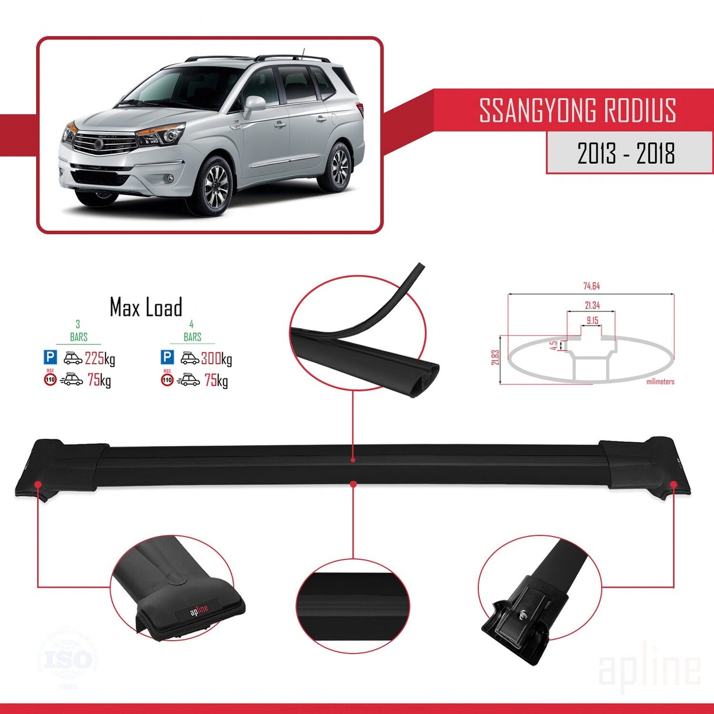 Compatible with Ssangyong Rodius 2 2013-2018 FLY Model Car Roof Rack Cross Bar Black Aluminium 3 Bars