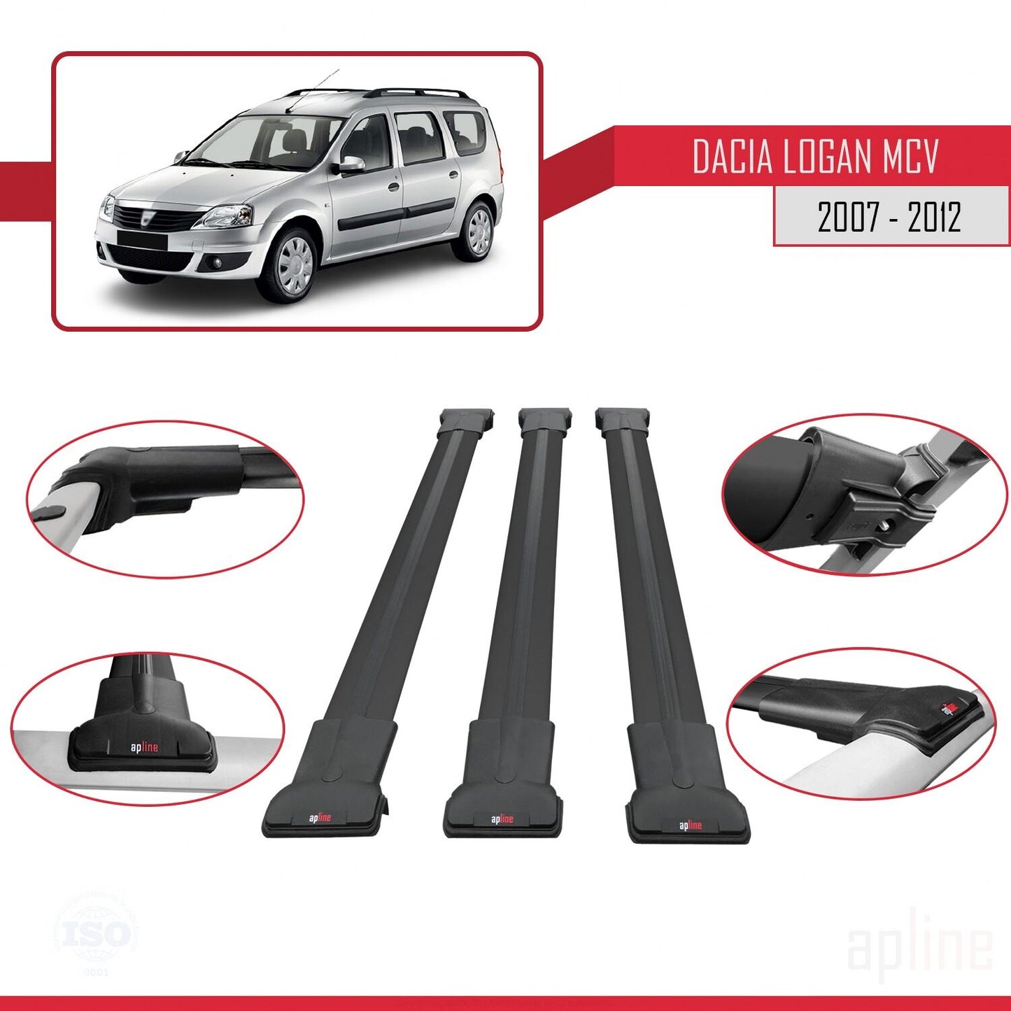 Compatible with Dacia Logan 2 MCV (K52) 2007-2012 FLY Model Car Roof Rack Cross Bar Black Aluminium 3 Bars