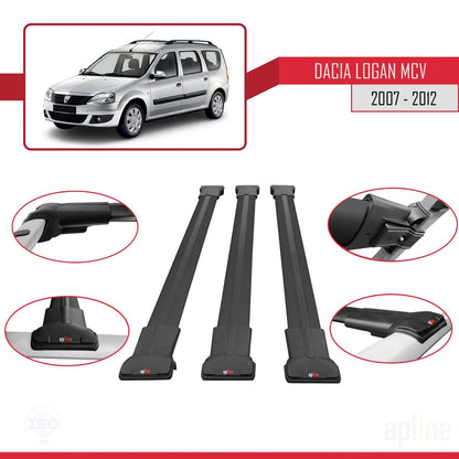 Compatible with Dacia Logan 2 MCV (K52) 2007-2012 FLY Model Car Roof Rack Cross Bar Black Aluminium 3 Bars