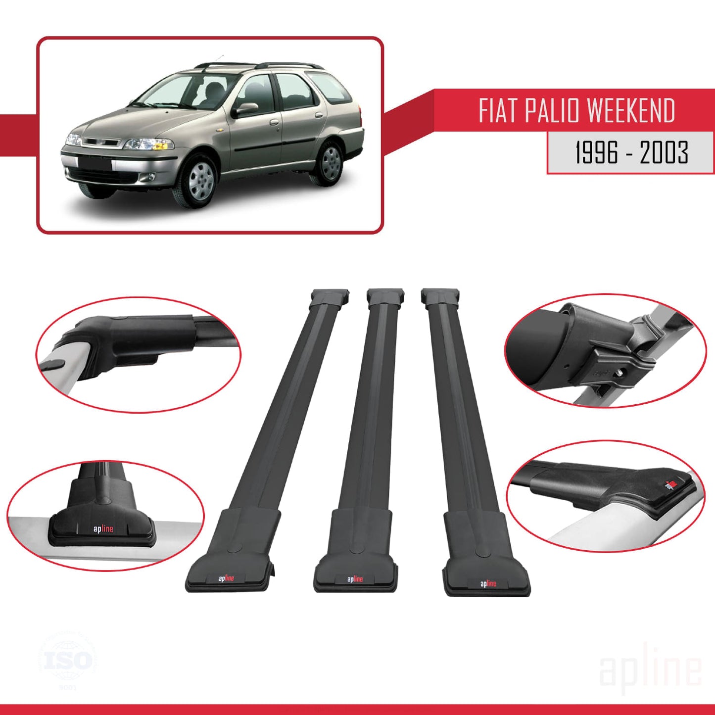 Compatible with Fiat Palio (178) Weekend 1996-2003 FLY Model Car Roof Rack Cross Bar Black Aluminium 3 Bars