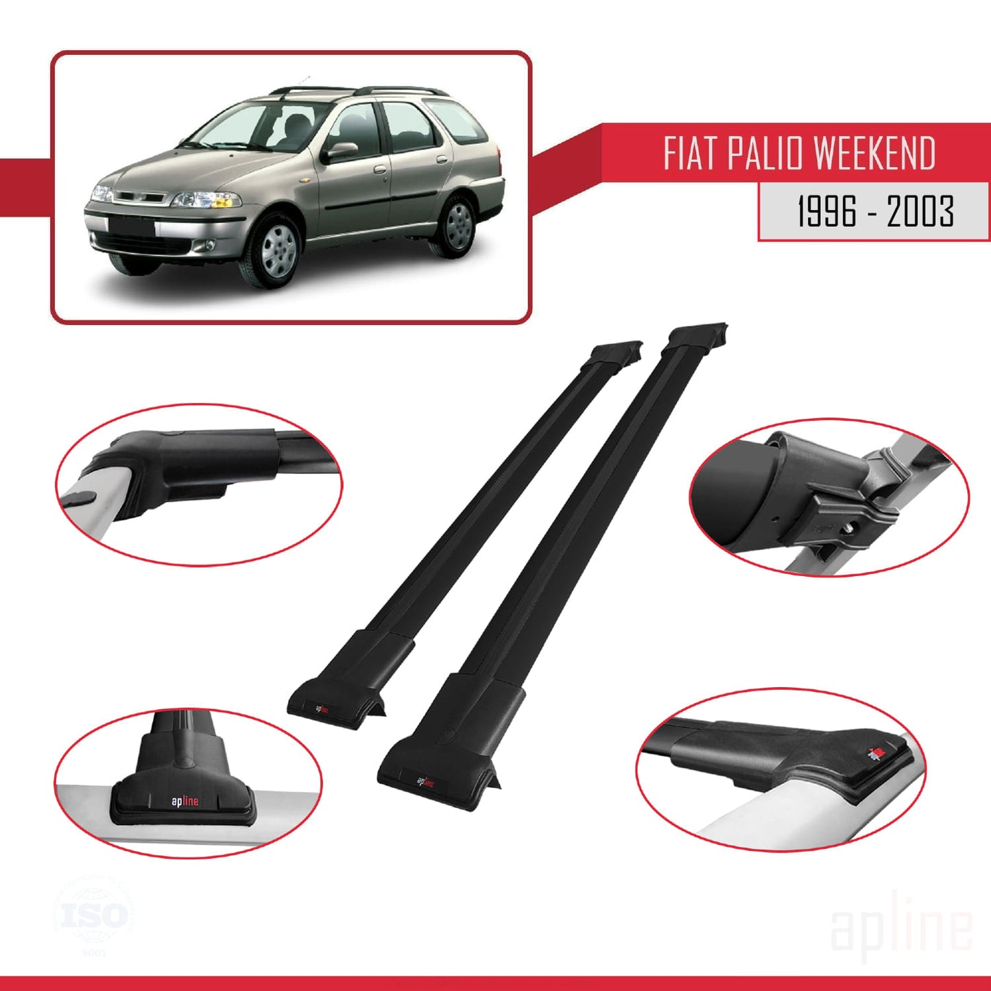 Compatible with Fiat Palio (178) Weekend 1996-2003 FLY Model Car Roof Rack Cross Bar Black Aluminium 2 Bars