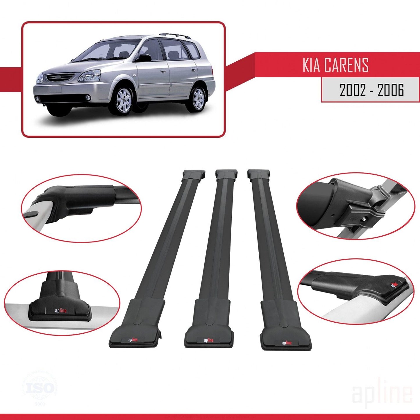 Compatible with Kia Carens Post-Facelift 2002-2006 FLY Model Car Roof Rack Cross Bar Black Aluminium 3 Bars