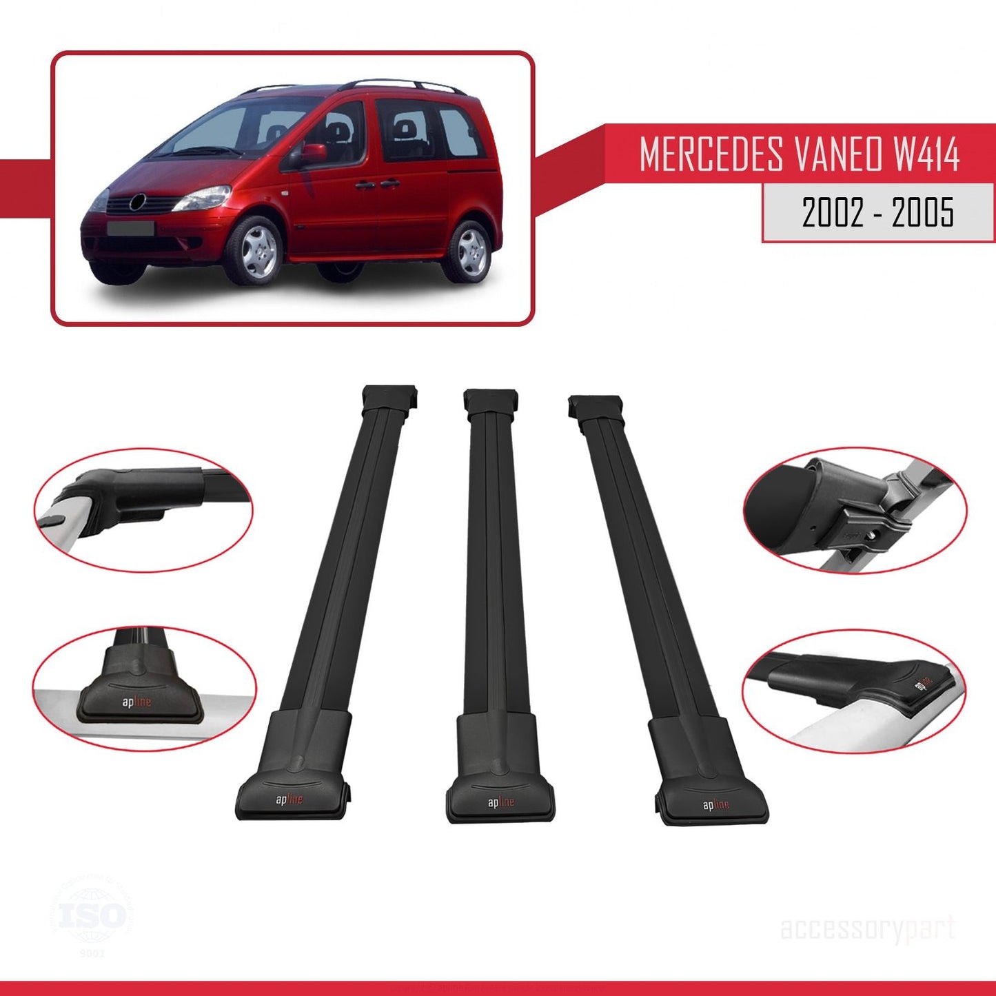 Compatible with Mercedes Vaneo (W414) 2001-2005 FLY Model Roof Rack Black 3 Aluminium Bars