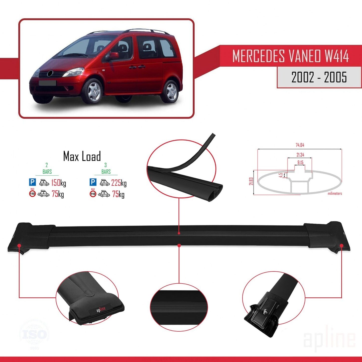 Compatible with Mercedes Vaneo (W414) 2002-2005 FLY Model Car Roof Rack Cross Bar Black Aluminium 2 Bars