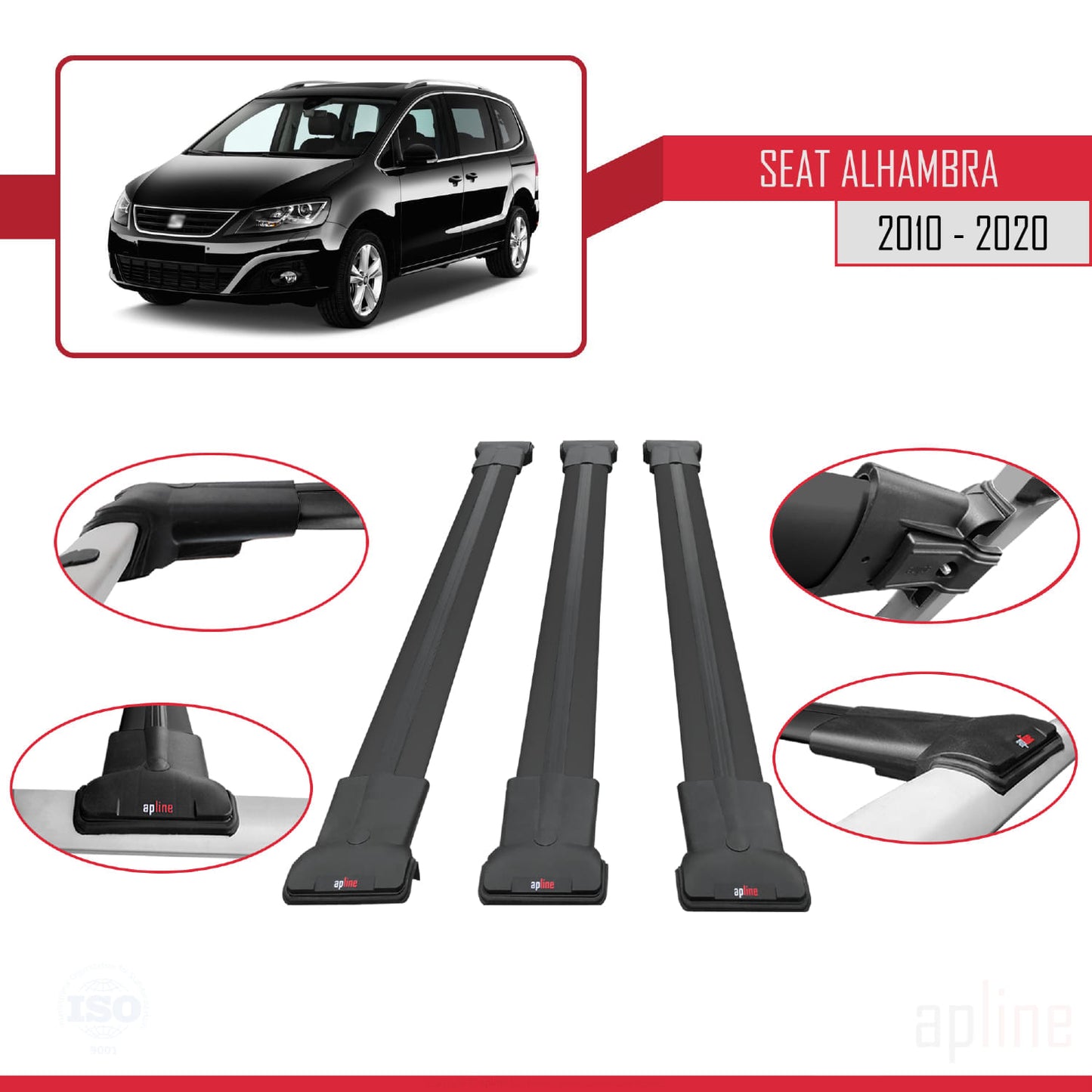Compatible with Seat Alhambra 2 (7N) 2010-2020 FLY Model Car Roof Rack Cross Bar Black Aluminium 3 Bars