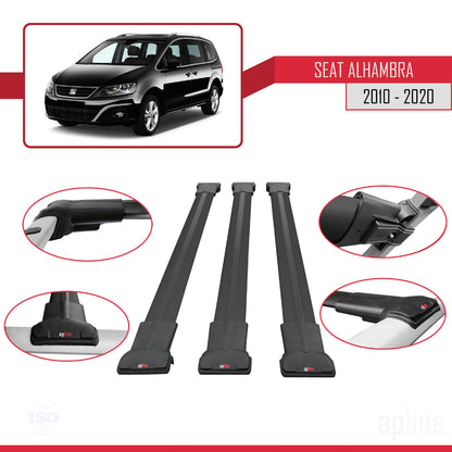 Compatible with Seat Alhambra 2 (7N) 2010-2020 FLY Model Car Roof Rack Cross Bar Black Aluminium 3 Bars