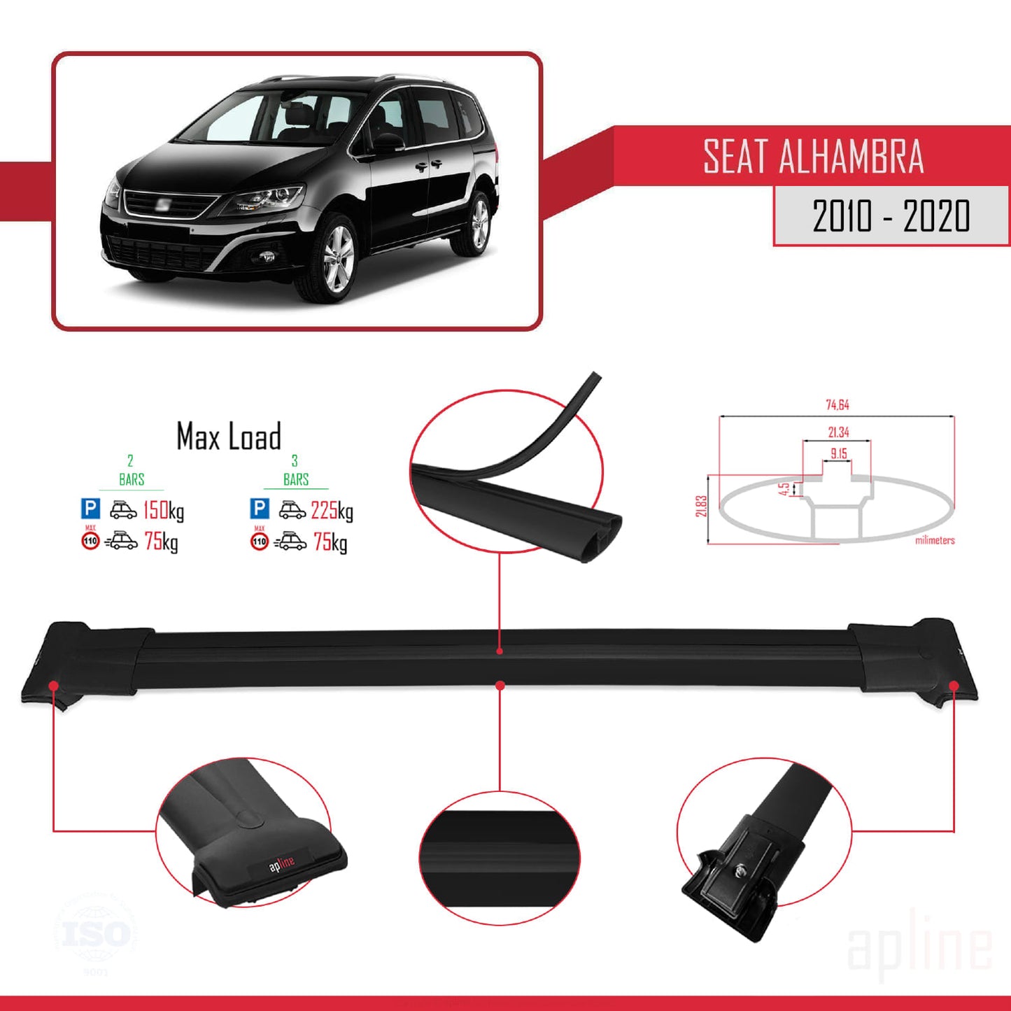 Compatible with Seat Alhambra 2 (7N) 2010-2020 FLY Model Car Roof Rack Cross Bar Black Aluminium 2 Bars