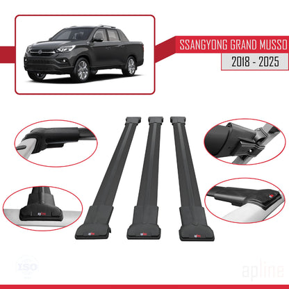 Compatible with Ssangyong Grand Musso 2018-2025 FLY Model Car Roof Rack Cross Bar Black Aluminium 3 Bars