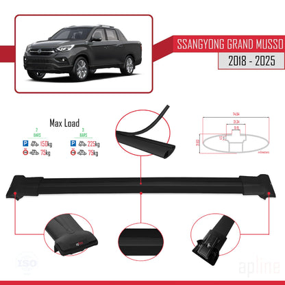 Compatible with Ssangyong Grand Musso 2018-2025 FLY Model Car Roof Rack Cross Bar Black Aluminium 2 Bars