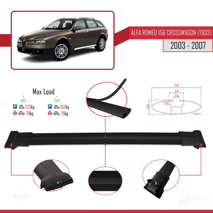 Compatible with Alfa Romeo 156 (T932) Crosswagon 2003-2007 FLY Model Car Roof Rack Cross Bar Black Aluminium 3 Bars