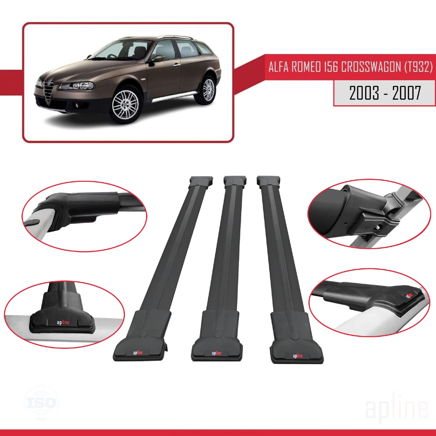 Compatible with Alfa Romeo 156 (T932) Crosswagon 2003-2007 FLY Model Car Roof Rack Cross Bar Black Aluminium 3 Bars