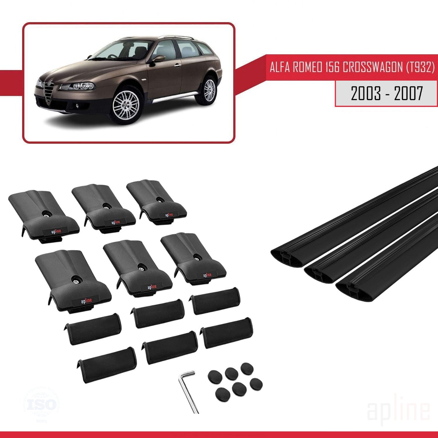 Compatible with Alfa Romeo 156 (T932) Crosswagon 2003-2007 FLY Model Car Roof Rack Cross Bar Black Aluminium 3 Bars