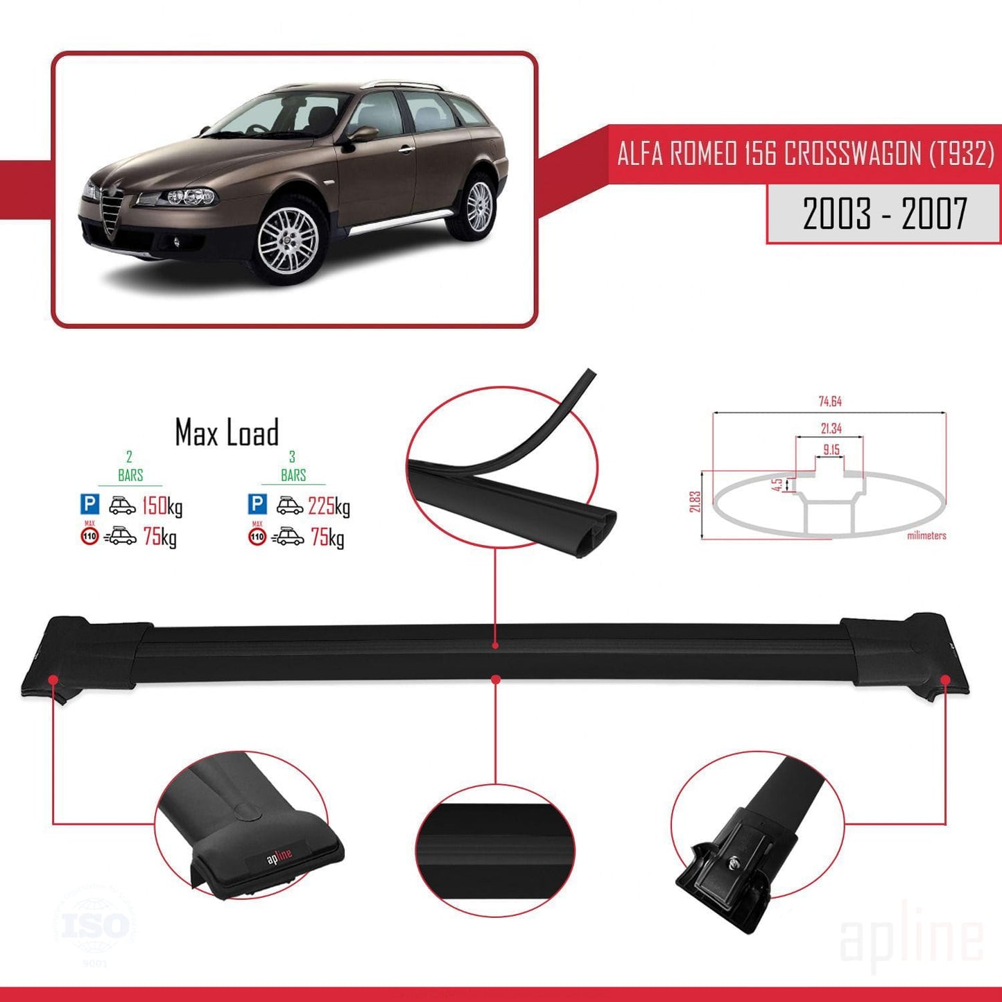 Compatible with Alfa Romeo 156 (T932) Crosswagon 2003-2007 FLY Model Car Roof Rack Cross Bar Black Aluminium 2 Bars