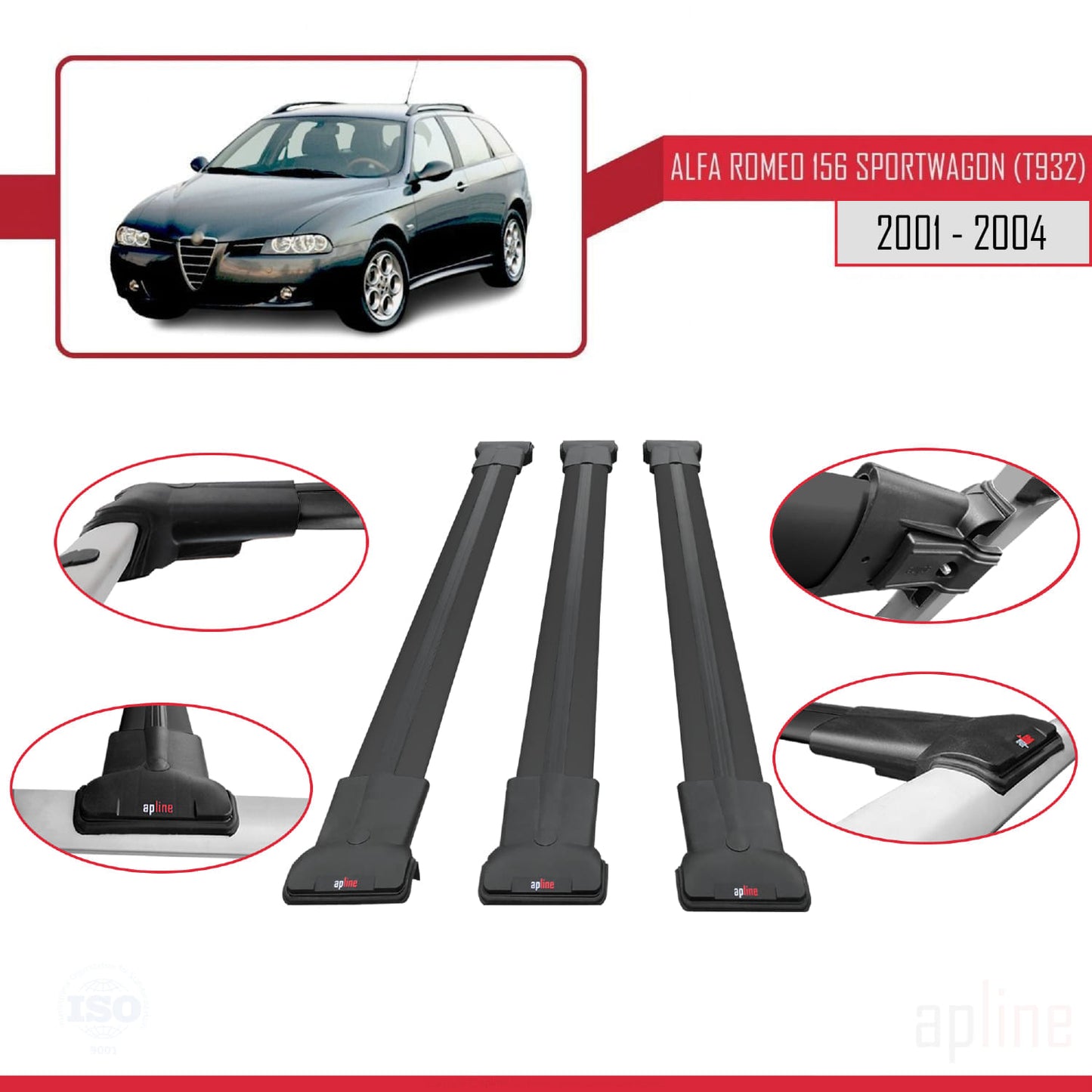 Compatible with Alfa Romeo 156 (T932) SW 2000-2006 FLY Model Car Roof Rack Cross Bar Black Aluminium 3 Bars