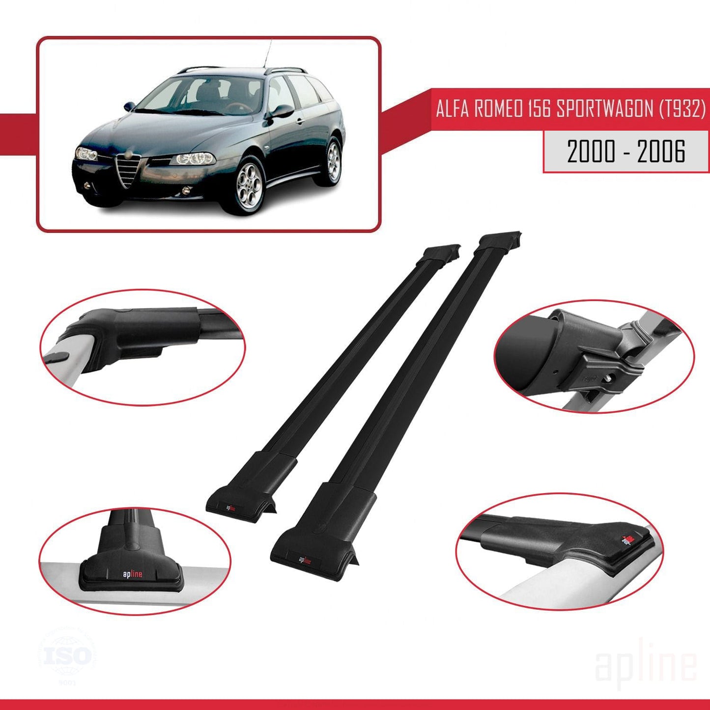 Compatible with Alfa Romeo 156 (T932) SW 2000-2006 FLY Model Car Roof Rack Cross Bar Black Aluminium 2 Bars