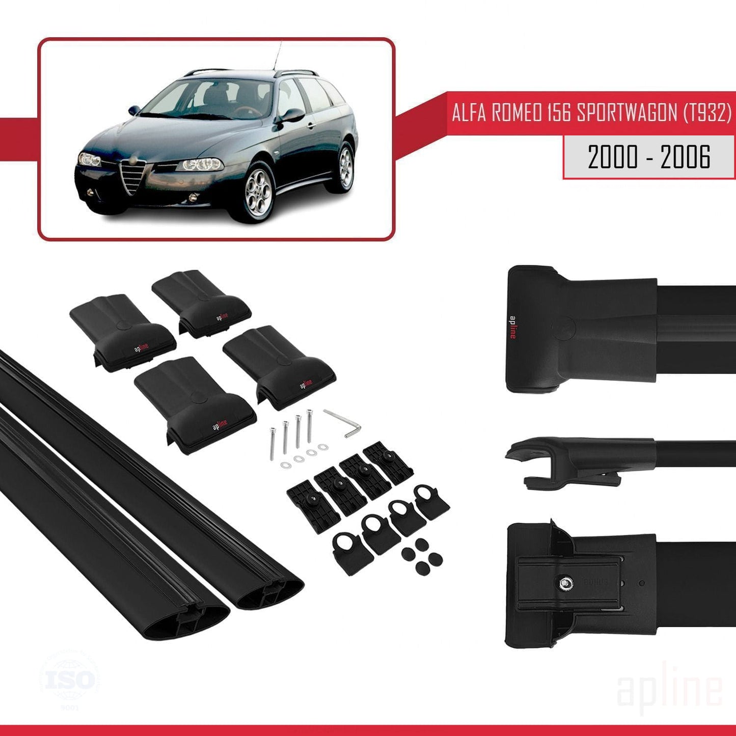 Compatible with Alfa Romeo 156 (T932) SW 2000-2006 FLY Model Car Roof Rack Cross Bar Black Aluminium 2 Bars